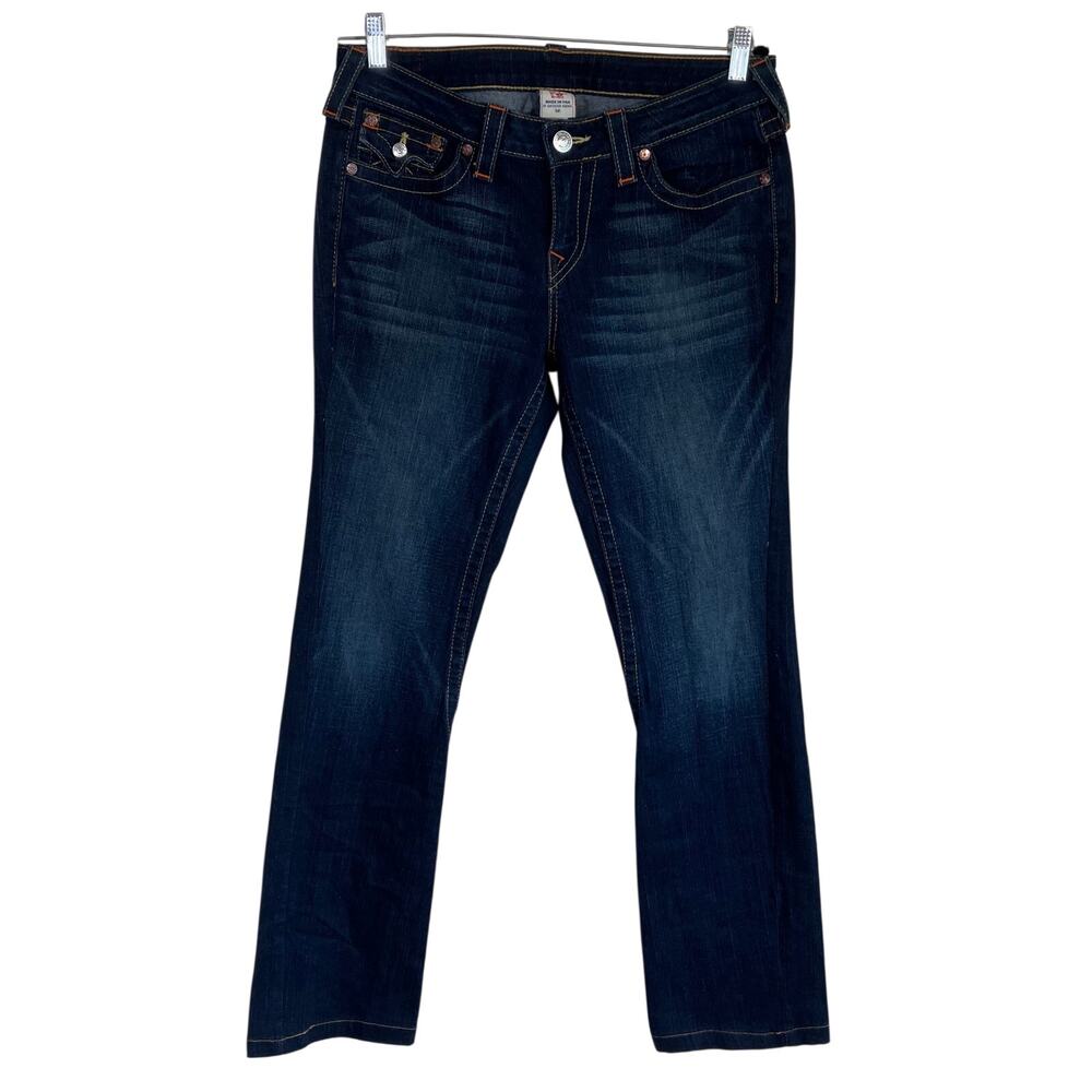 True Religion Sz 32 Joey Jeans Dark Wash Straight Leg Flap Pockets Twist Seam